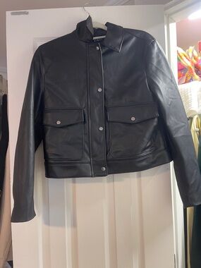 Zara Classic Black Faux Leather Button-Front Jacket with hidden zipper small